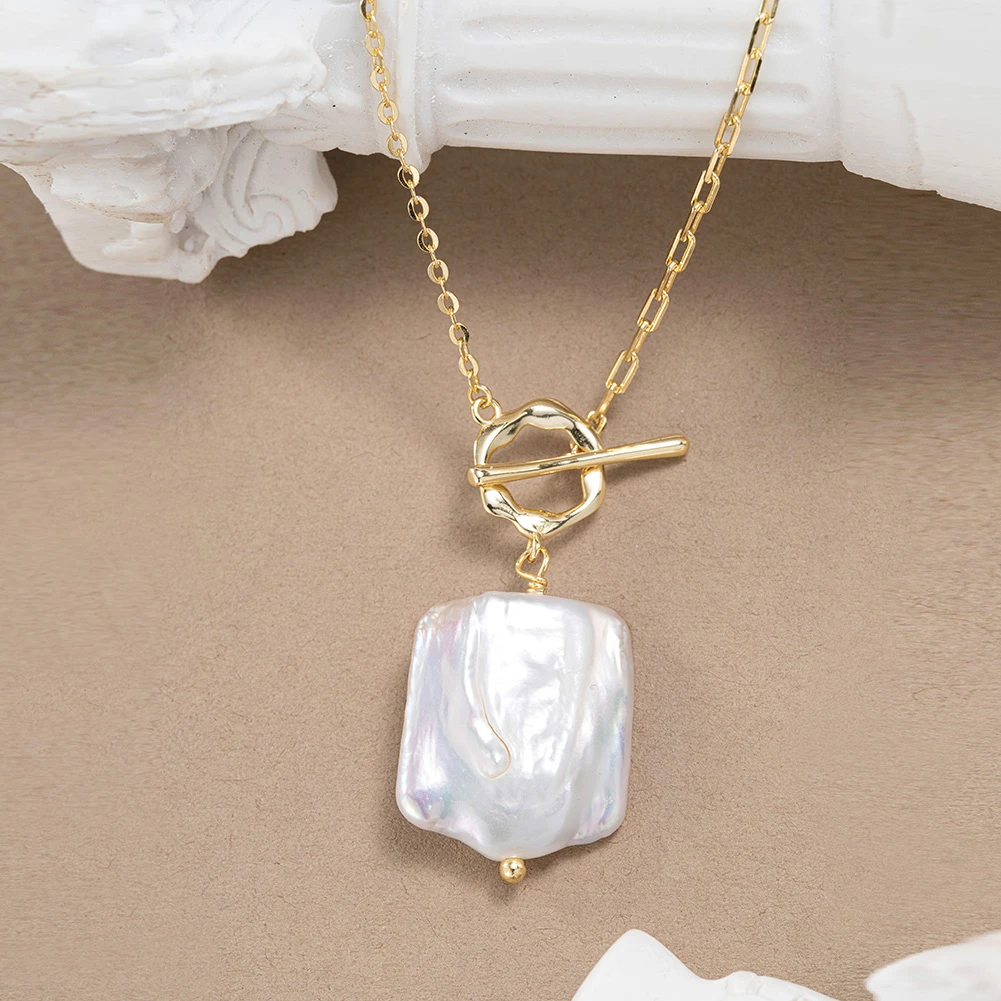 Elegant Square Freshwater Pearl Sterling Silver Toggle Plating 14K Gold Plated Pendant Necklace 5 Elegant Square Freshwater Pearl Sterling Silver Toggle Plating 14K Gold Plated Pendant Necklace - Image 5