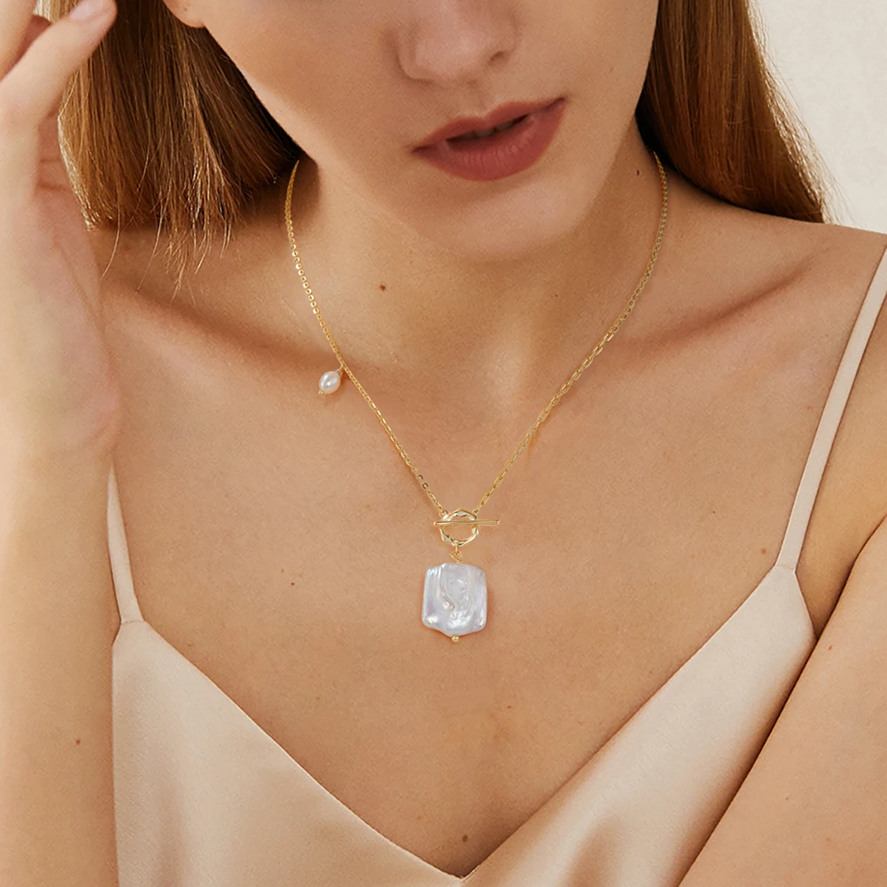 Elegant Square Freshwater Pearl Sterling Silver Toggle Plating 14K Gold Plated Pendant Necklace 2 Elegant Square Freshwater Pearl Sterling Silver Toggle Plating 14K Gold Plated Pendant Necklace - Image 2