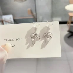 1 Pair IG Style Simple Style Leaf Inlay Sterling Silver Zircon Rhodium Plated Drop Earrings