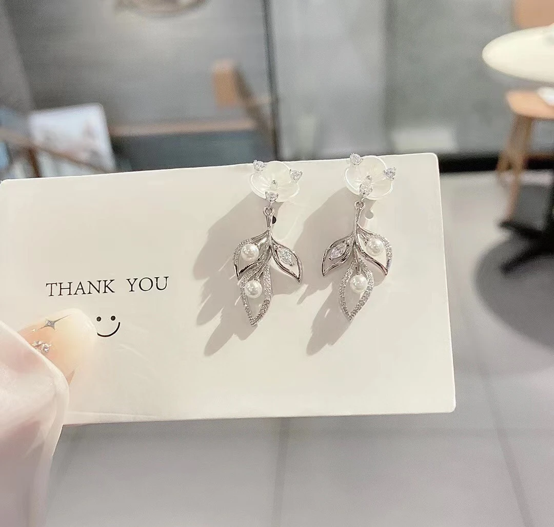 1 Pair IG Style Simple Style Leaf Inlay Sterling Silver Zircon Rhodium Plated Drop Earrings 1 1 Pair IG Style Simple Style Leaf Inlay Sterling Silver Zircon Rhodium Plated Drop Earrings