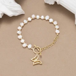 Modern Style Shiny Animal Butterfly Freshwater Pearl Sterling Silver Toggle Plating Inlay Zircon 14K Gold Plated Bracelets