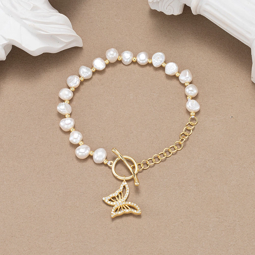 Modern Style Shiny Animal Butterfly Freshwater Pearl Sterling Silver Toggle Plating Inlay Zircon 14K Gold Plated Bracelets 1 Modern Style Shiny Animal Butterfly Freshwater Pearl Sterling Silver Toggle Plating Inlay Zircon 14K Gold Plated Bracelets