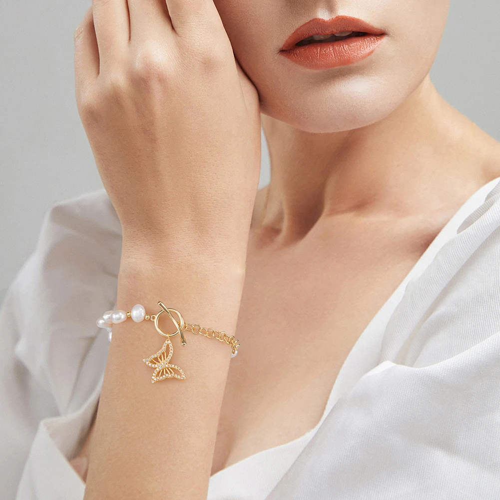 Modern Style Shiny Animal Butterfly Freshwater Pearl Sterling Silver Toggle Plating Inlay Zircon 14K Gold Plated Bracelets 2 Modern Style Shiny Animal Butterfly Freshwater Pearl Sterling Silver Toggle Plating Inlay Zircon 14K Gold Plated Bracelets - Image 2