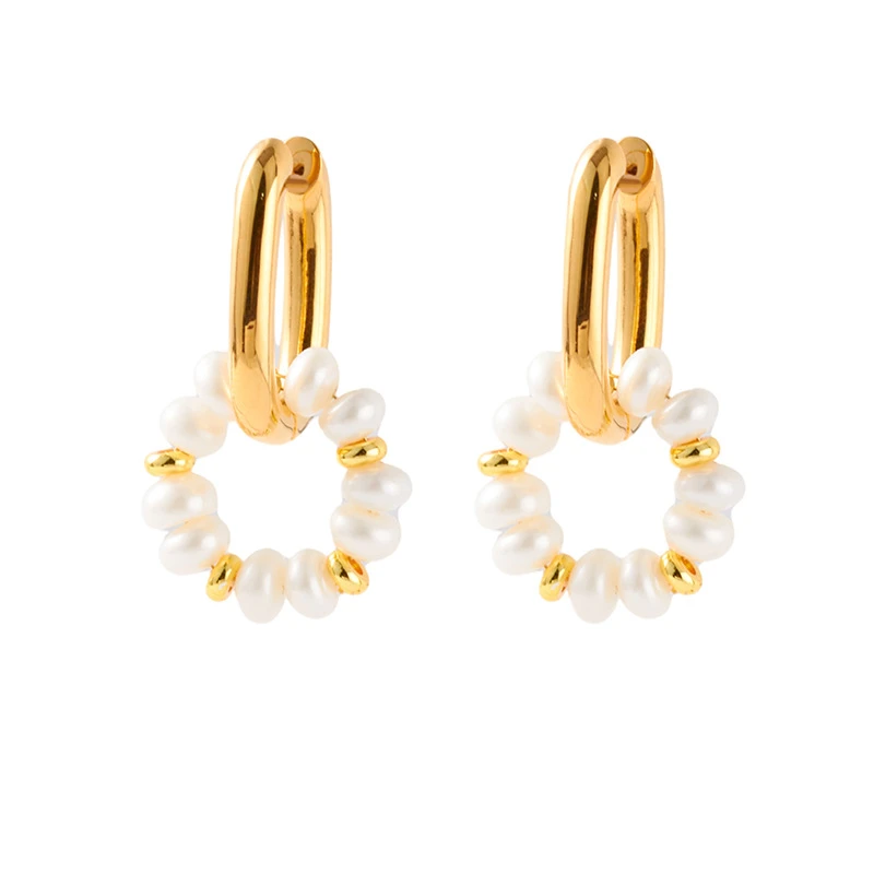 1 Pair Sweet Double Ring Beaded Plating Freshwater Pearl Copper Drop Earrings 2 1 Pair Sweet Double Ring Beaded Plating Freshwater Pearl Copper Drop Earrings - Image 2